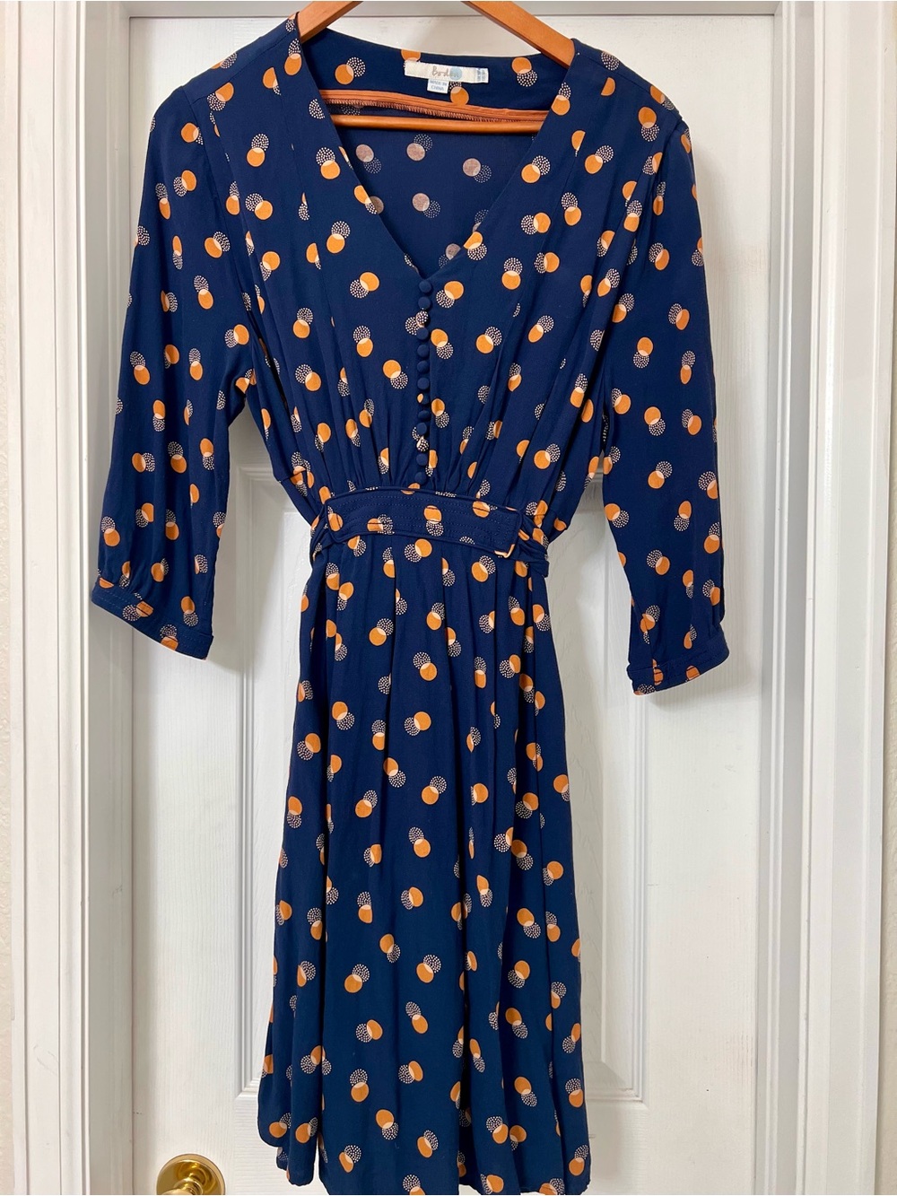 Boden Navy Dress with Copper/ Orange and Cream Dots